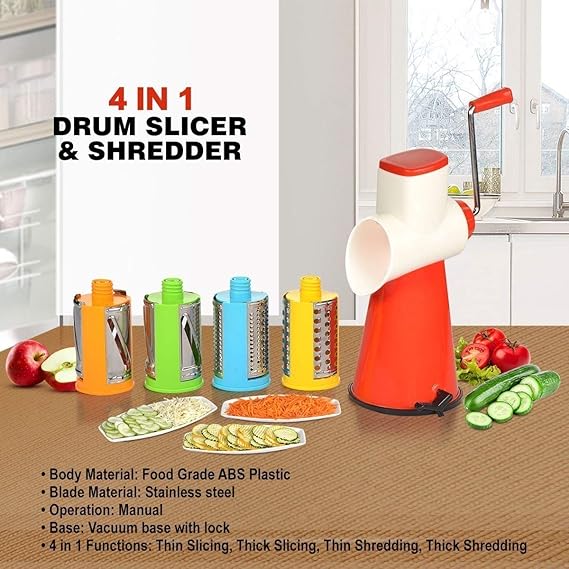 4 in 1 Multi-Functional Drum Rotary Vegetable Cutter, Shredder, Grater and Slicer