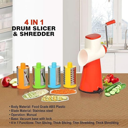 4 in 1 Multi-Functional Drum Rotary Vegetable Cutter, Shredder, Grater and Slicer